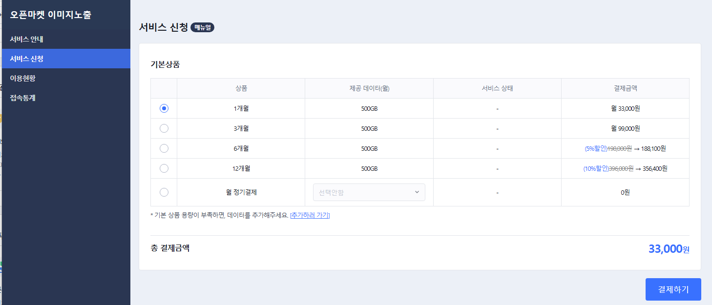 오픈마켓 이미지노출 서비스 신청 화면
